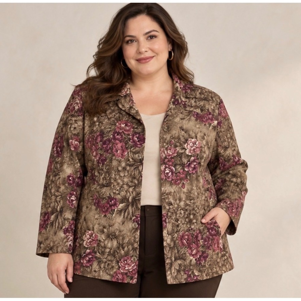 Laura Scott Floral Shirt Women 20W Brown Burgundy Button Front Grandmacore